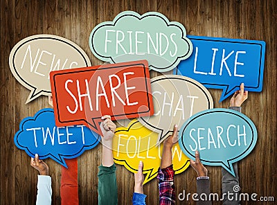 Diverse Hands Holding Social Media Speech Bubbles Concept Stock Photo