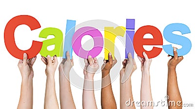 Diverse Hands Holding The Word Calories Stock Photo