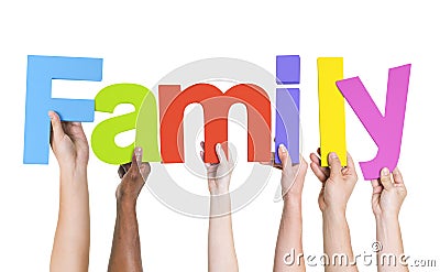 Diverse Hands Holding The Word Family Stock Photo