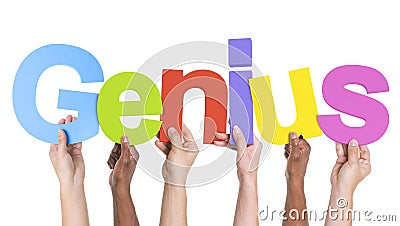 Diverse Hands Holding The Word Genius Stock Photo