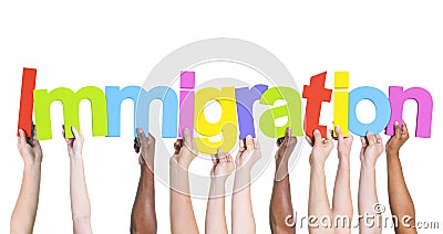 Diverse Hands Holding the Word Immigration Stock Photo