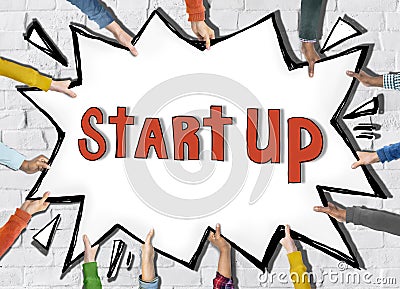 Diverse Hands Holding the Word Start Up Stock Photo