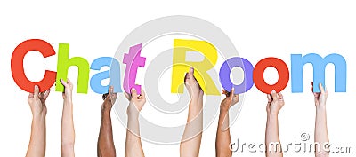 Diverse Hands Holding the Words Chat Room Stock Photo