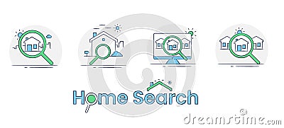 Diverse Home Search Concepts, Property Quest. The house search icon offers various concepts for finding the perfect property, Vector Illustration