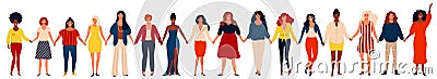 Diverse international group of happy women or girls standing together and holding hands. Vector Illustration