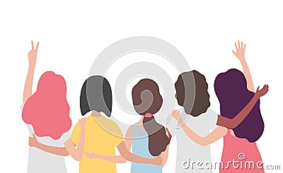 Diverse international group of women or girl hugging together. Sisterhood, friends, union of feminists, event celebration. Girls Vector Illustration