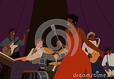 Diverse jazz band with black skin cartoon female singer vector graphic illustration. Group of musicians playing by Vector Illustration