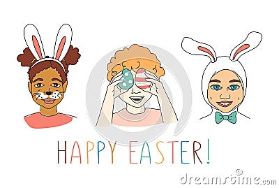 Diverse Kid`s Children`s heads Happy Easter Greeting card Vector Illustration