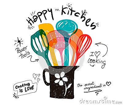 Happy kitchen and love cooking quote colors utensils in doodle illustration Vector Illustration