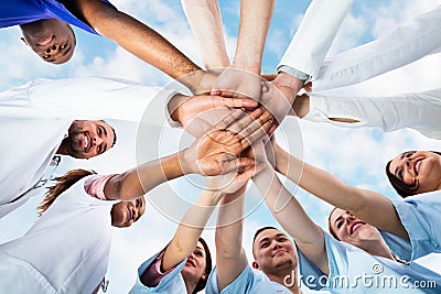 Diverse Medical Team Staff Hands Stack Stock Photo