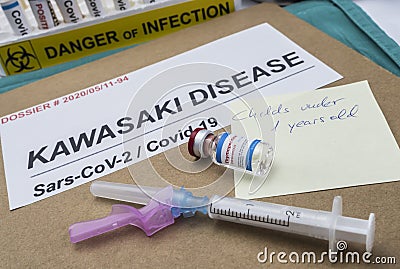 Diverse medication prepared to treat Kawasaki disease related to Sars-CoV-2 in children under one year old, conceptual image, Editorial Stock Photo