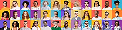 Diverse Millennial People`s Faces Smiling On Colorful Backgrounds, Collage, Panorama Stock Photo