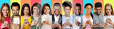 Diverse Millennials Using Smartphones Texting Over Colorful Backgrounds, Collage Stock Photo