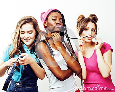 Diverse multi nation girls group, teenage friends company cheerful having fun, happy smiling, cute posing isolated on Stock Photo