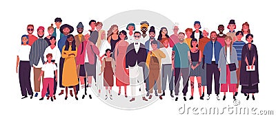 Diverse multiethnic or multinational group of people isolated on white background. Elderly and young men, women and kids Vector Illustration