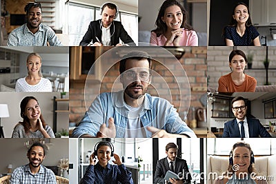 Multiethnic colleagues have webcam online team meeting Stock Photo