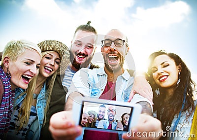 Diverse People Beach Summer Friends Fun Selfie Concept Stock Photo