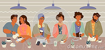 Diverse people in cafe - couple and friends flat trendy vector illustration. Vector Illustration