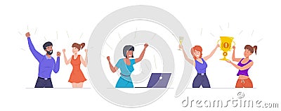 Diverse people celebrating win set. Happy man and woman holding golden championship cup good news Vector Illustration