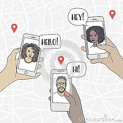 Diverse people chatting with friends via smartphone Vector Illustration