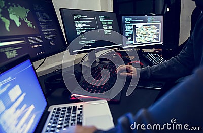 Diverse people computer hacking shoot Stock Photo