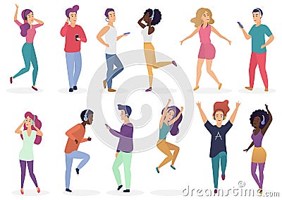 Diverse people dancing and listening music with headphones. Cartoon young guys and girls in casual clothes with audio Vector Illustration