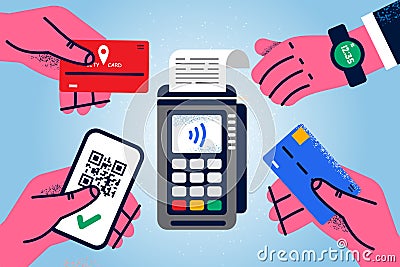 Diverse people pay on terminal with devices Vector Illustration