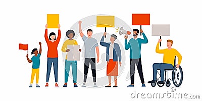 Diverse people holding signs and protesting together Vector Illustration