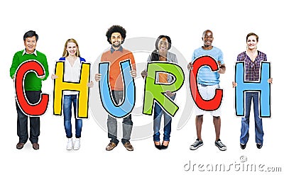 Diverse People Holding Text Church Stock Photo