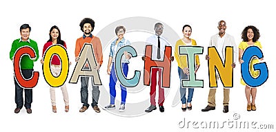 Diverse People Holding Text Coaching Stock Photo