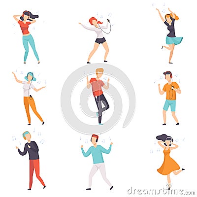 Diverse people listening music with headphones and dancing set, young faceless guys and girls in casual clothes with Vector Illustration