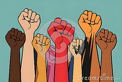 Diverse people raise fists in protest against social injustice Stock Photo