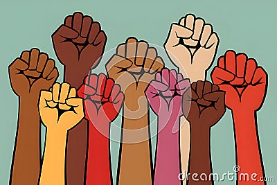 Diverse people raise fists in protest against social injustice Stock Photo