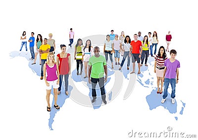 Diverse People Standing On World Map Stock Photo