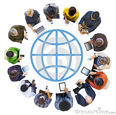 Diverse People Using Devices with World Symbol Stock Photo