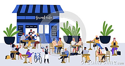 Diverse people visitors sitting at street cafe vector flat illustration. Relaxed cartoon characters at outdoor cafeteria Vector Illustration