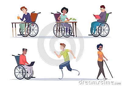 Diverse persons. Daily routine of people multinational characters on wheelchair exact vector people with prothesis Vector Illustration