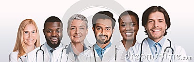 Diverse Professional Doctors Standing In Row On White Background, Collage Stock Photo