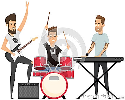 Diverse rock band performs on stage at concert. Group of musicians playing by musical instrument Vector Illustration