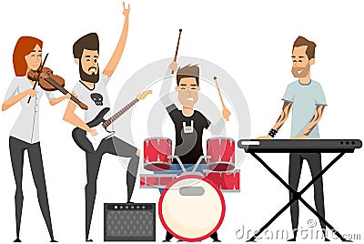 Diverse rock band performs on stage at concert. Group of musicians playing by musical instrument Vector Illustration