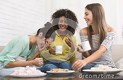 Diverse roommates drinking coffee and eating cookies Stock Photo