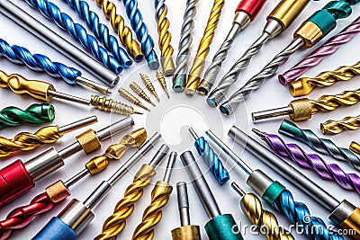 Diverse Selection of Drill Bits A Comprehensive Overview of Sizes and Types for Precision Drilling Applications Stock Photo