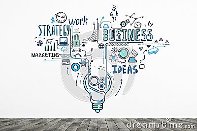 Diverse set of doodle icons and sketches drawn on white wall. Strategy, marketing and business ideas for start up. Concept of Stock Photo