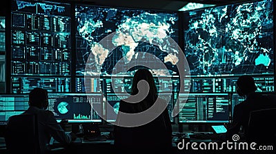 Diverse team analyzing global data in high-tech control room with multiple monitors and world maps Stock Photo