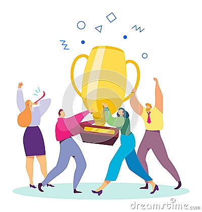 Diverse team celebrating victory with large trophy, jubilant achievement. Joyous office workers winning prize, exultant Stock Photo