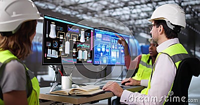 Diverse team of engineers using advanced computer system Stock Photo
