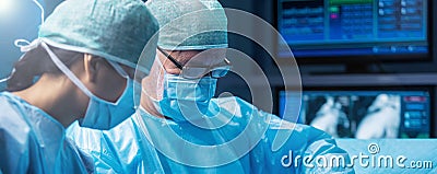 Diverse team of professional medical surgeons perform surgery in the operating room using high-tech equipment. Doctors Stock Photo