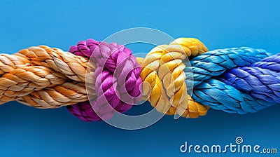 Diverse team strength in colorful network rope, integration of cooperation and empowerment. Stock Photo