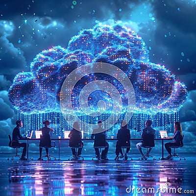 Diverse Team Collaborating on Cloud Computing with Glowing Binary Cloud Stock Photo
