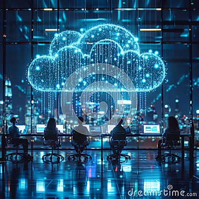 Diverse Team Collaborating on Cloud Computing with Glowing Binary Cloud Stock Photo